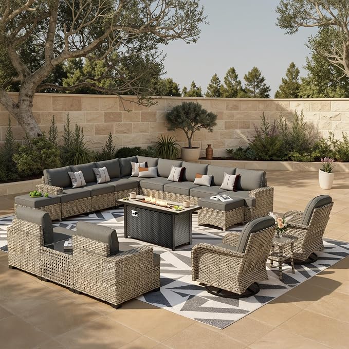 HOOOWOOO Sectional Patio Furniture Set with Fire Pit Table,17 Pieces Wicker Outdoor Furniture L Shaped Couch,Outside Conversation Set Extra Deep Sofa Wide Arm Swivel Chairs Ottoman Solar Light,Black