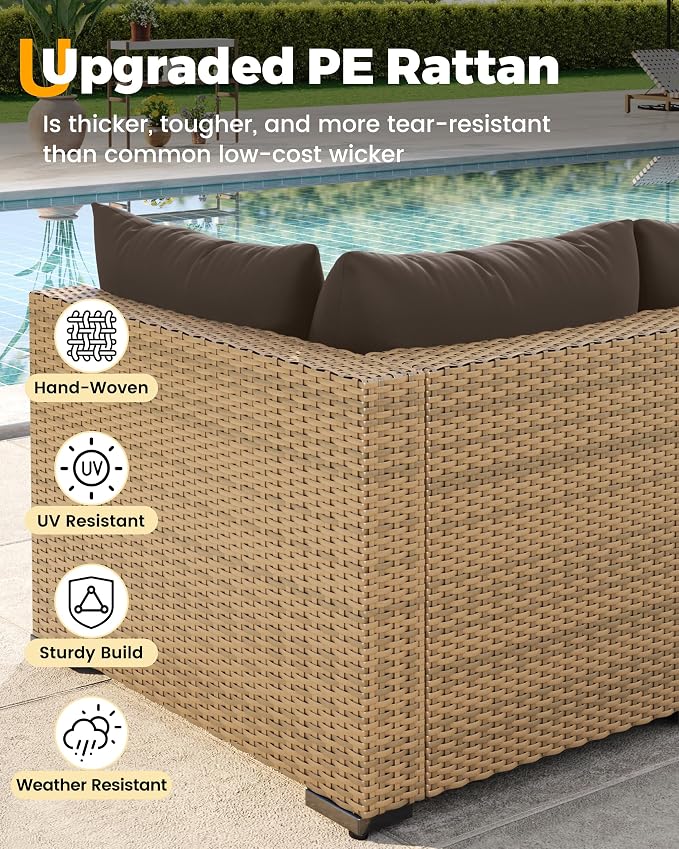 UDPATIO Furniture Set, 7 Piece Sectional Sofas with Wicker Coffee Table, Conversation for Garden, Backyard, Yellow/Brown