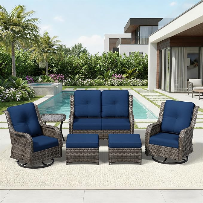 Joyside 6 Piece Wicker Patio Furniture Set, Outdoor Swivel Rocker Patio Chairs with High Back, Deep Seating, Wide Armrest, Thickened Cushions, Outdoor Furniture for Deck, Porch Use