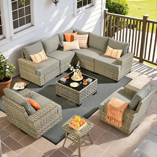 9 Pcs Outdoor Sectional Patio Furniture Set with Swivel Rocking Chairs - All Weather Wicker Modular Outside Sectional Couch,Patio Seating Outdoor Conversation Set for Deck Yard Garden,Dark Grey