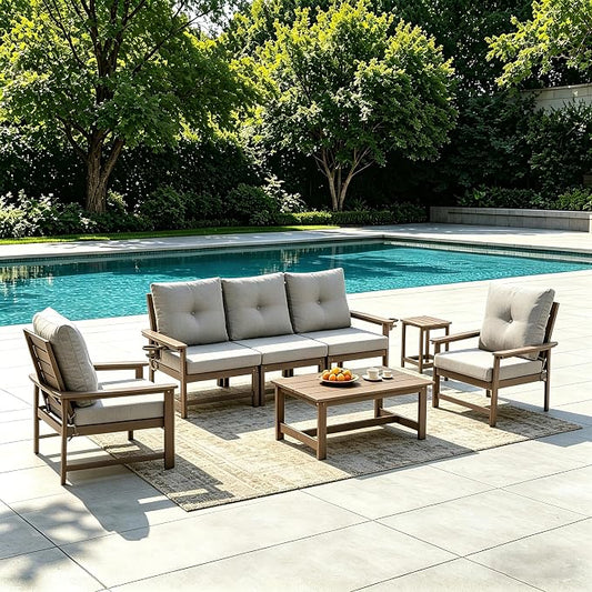 Modular Outdoor Patio Furniture Set, 7-Piece HDPE Sectional Sofa with Coffee Table & Thick Cushions - All-Weather Patio Conversation Set for Backyard, Deck, Poolside, Brown