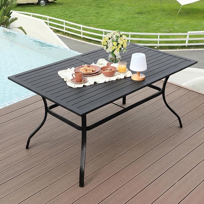 LVUYOYO Outdoor Patio Dining Table, Metal Rectangular Table with Umbrella Hole, All-Weather Furniture for Backyard, Garden,Balcony,Porch (Black)