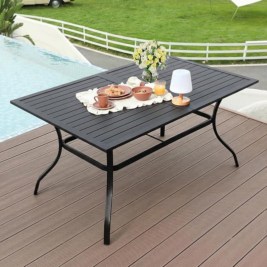 LVUYOYO Outdoor Patio Dining Table, Metal Rectangular Table with Umbrella Hole, All-Weather Furniture for Backyard, Garden,Balcony,Porch (Black)
