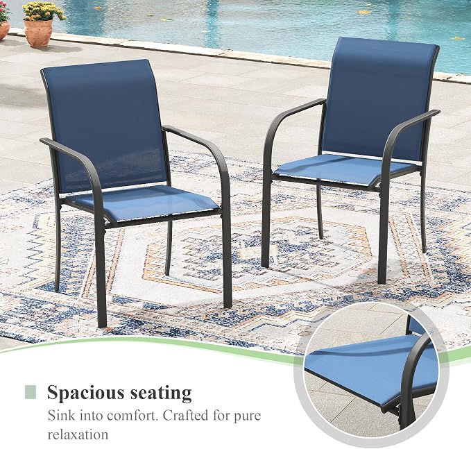 Patio Table and Chairs Set for 8, Outdoor Dining Set with 8 Stackable Dining Chairs and 53" x 53" Metal Slatted Round Dining Table for Porch, Deck, Lawn, Garden, Dark Blue & Black