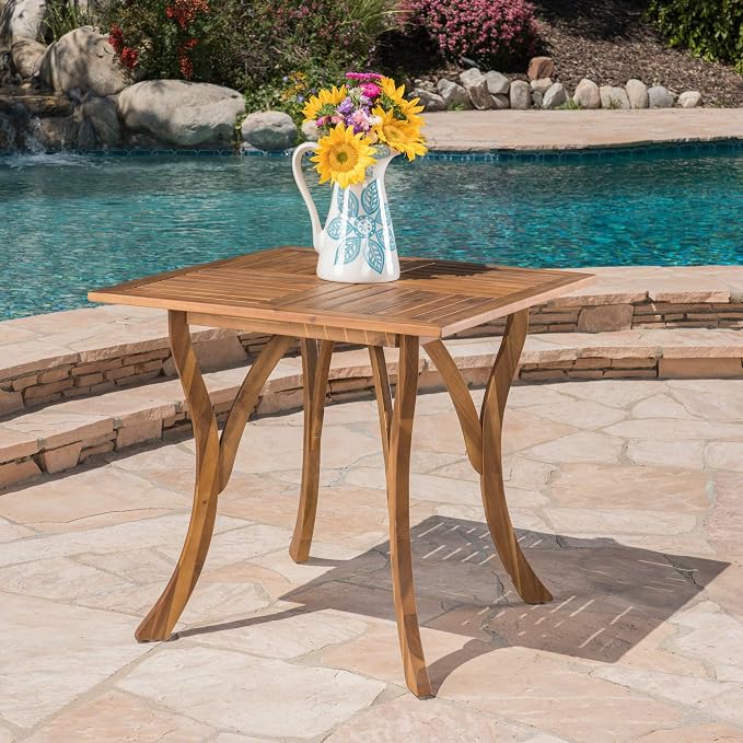 Merax Square Outdoor Dining Table 31.5" Acacia Wood Patio Table Teak Finish, Slat Panels Tabletop, 30" H, Bear 200LBS