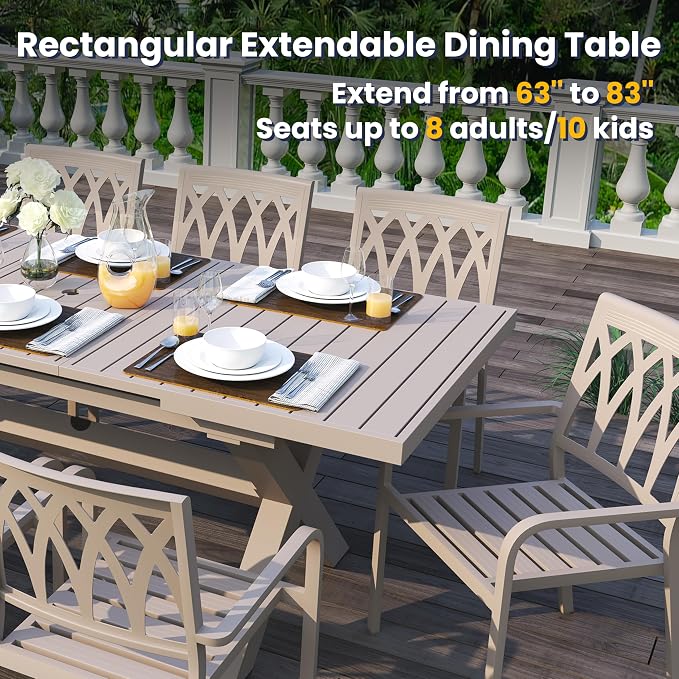 Extendable Patio Dining Table for 6-8, 63''-83'' Outdoor Aluminum Table w/Umbrella Hole, Rectangle Slatted Tabletop, Metal X-Trestle for Meals Garden Deck Backyard Gathering Party - Light Brown