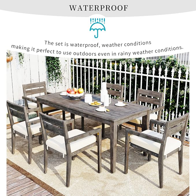 RUNNA 7-Piece Outdoor Dining Table Set with Acacia Tabletop and 6 Chairs Indoor and Outdoor Furniture Sets,for Patio, Balcony Or Backyard. (Grey@015)
