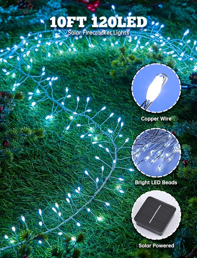 120 LED Solar Fairy Lights Outdoor Waterproof IP65, 10FT 8 Lighting Modes | Solar Christmas Lights Outdoor Waterproof Cascading Twinkle Lights Balcony Garland Patio Christmas Decorations, Cool White