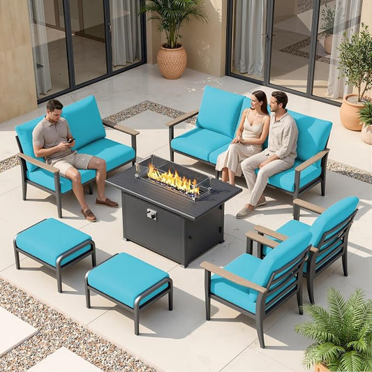 Aluminum Outdoor Patio Furniture Set, 7-Piece Sectional Sofa with 5.1" Thick Cushions, Ottomans, 55,000 BTU Propane Fire Pit Table, Outdoor Couch for Backyard, Deck, Blue