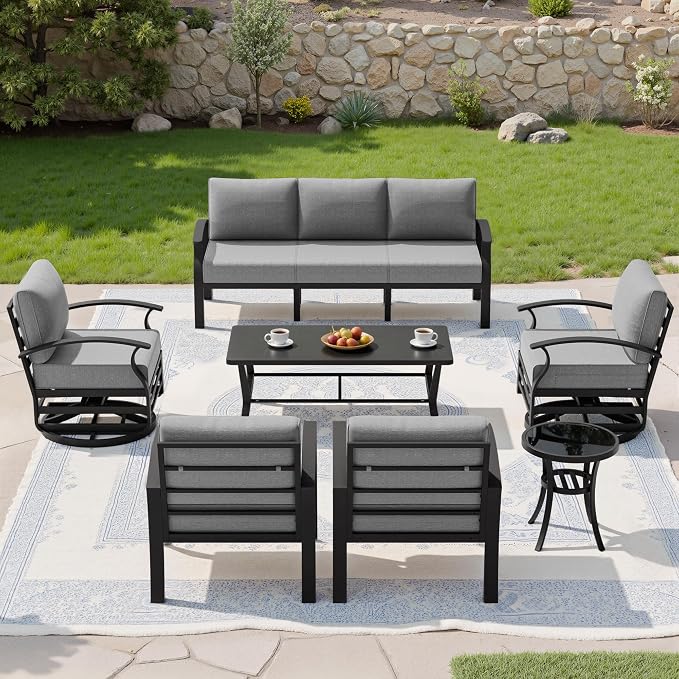Kullavik Aluminum Patio Furniture Set,7 Piece Modern Metal Outdoor Patio Furniture w/5.1'' Thick Cushion,Swivel Chairs and Rectangular Coffee Table,Patio Conversation Sets for Porch,Deck,Grey