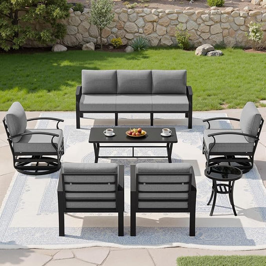 Kullavik Aluminum Patio Furniture Set,7 Piece Modern Metal Outdoor Patio Furniture w/5.1'' Thick Cushion,Swivel Chairs and Rectangular Coffee Table,Patio Conversation Sets for Porch,Deck,Grey