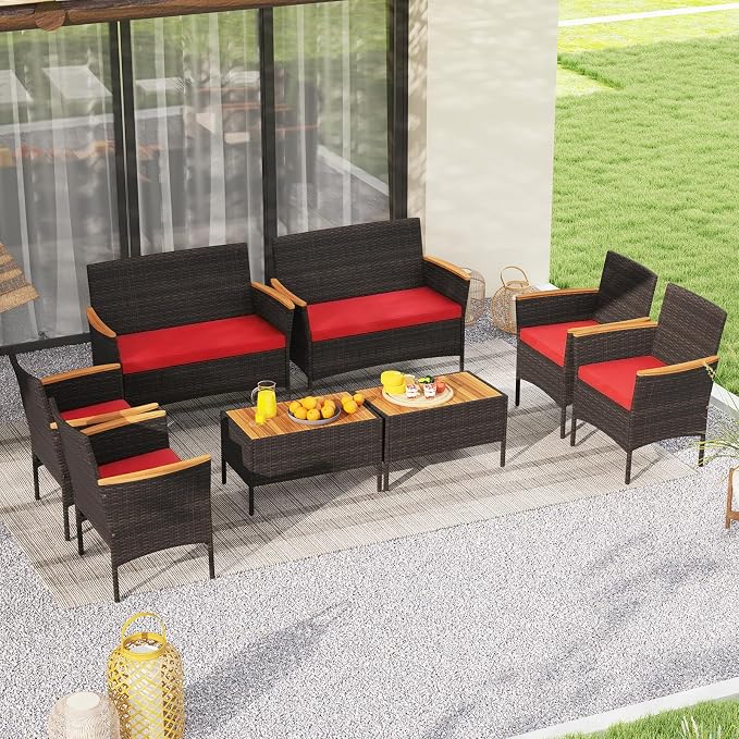 Tangkula 8 Pieces Patio Wicker Sofa Set, 2 Rattan Chairs & Loveseat w/Coffee Table, Acacia Wood Armrests & Tabletop, Outdoor Cushioned Conversation Set for Backyard, Poolside (Red, 8 Pieces)