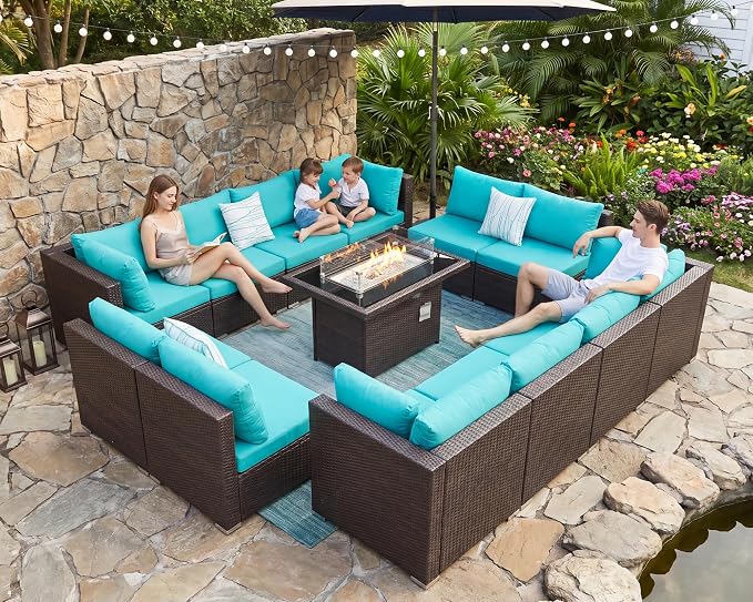 BULEXYARD 13 Piece High Back Wicker Patio Furniture Sets with Fire Pit, Modern Elegant Outdoor Seating Set Modular, Comfy Extra Deep Wide 12-Person Sectional Couch Sofa for Backyard, Brown & Turquoise