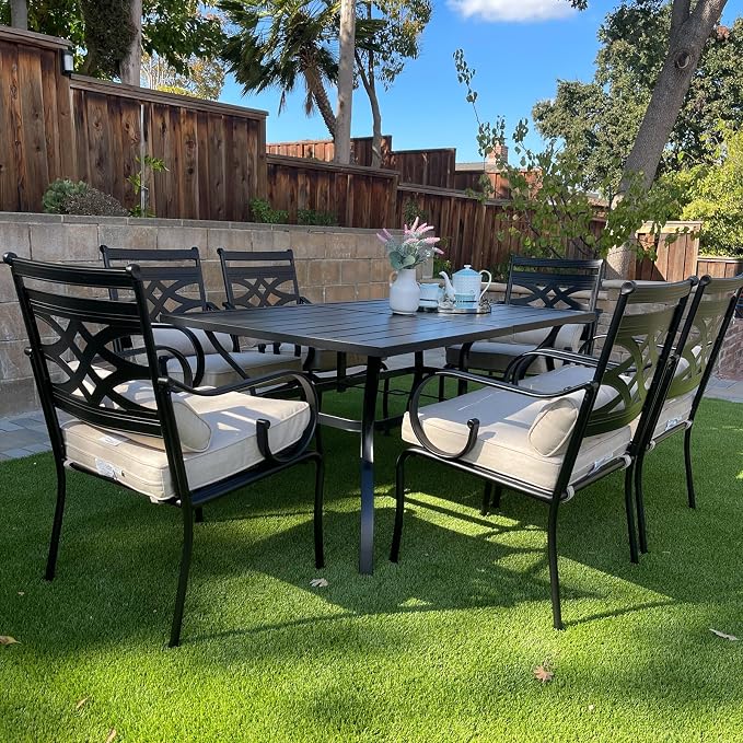 MFSTUDIO Patio Dining Set, 60" Metal Table, Fixed Chairs, Umbrella Hole | Seats 6, All-Weather Use