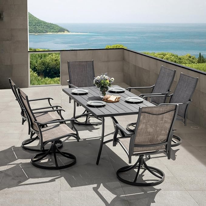 NUU GARDEN Outdoor Dining Set of 6, Aluminum Swivel Chairs, Grayish Brown | Rust-resistant patio set with aluminum tabletop. 6 quick-dry textilene swivel dining chairs with armrests