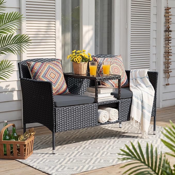 Devoko Outdoor Patio Loveseat Modern Rattan 2-Seat Patio Conversation Set with Cushions & Built-in Coffee Table Porch Furniture for Garden Lawn Backyard (Grey)
