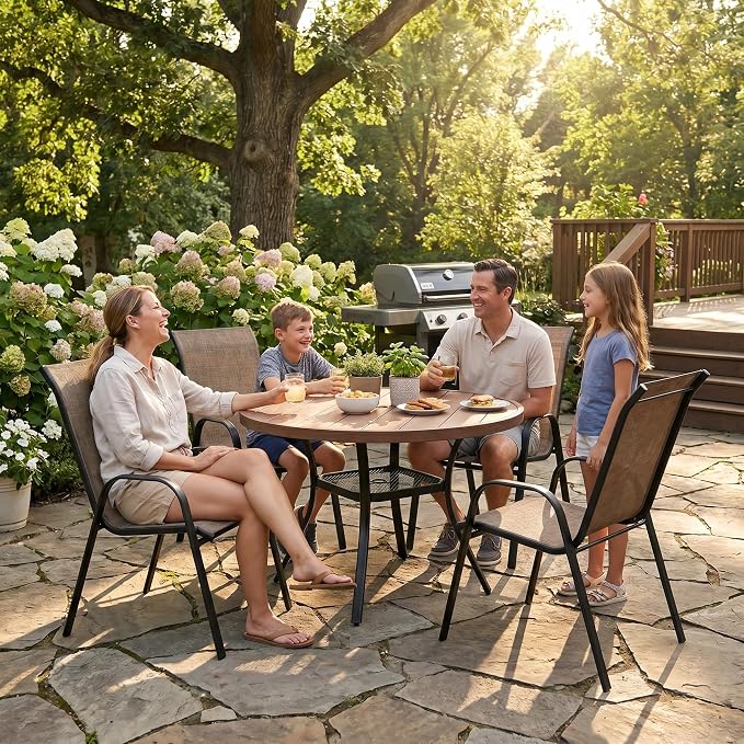 VICLLAX Metal Outdoor Dining Table for 4, All Weather 40.7" Black Round Patio Table with Adjustable Umbrella Hole for Lawn, Garden, Balcony and Poolsides, Walnut Wood Grain Tabletop