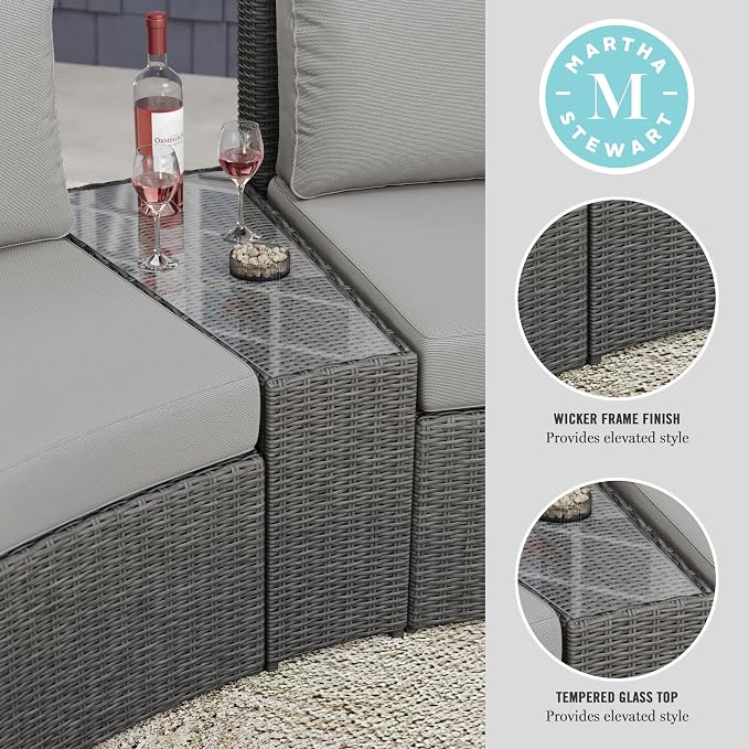 Martha Stewart Bedford Indoor-Outdoor Tapered Patio Side Table with Inset Tempered Glass Top and Rattan Wicker Finish in Gray