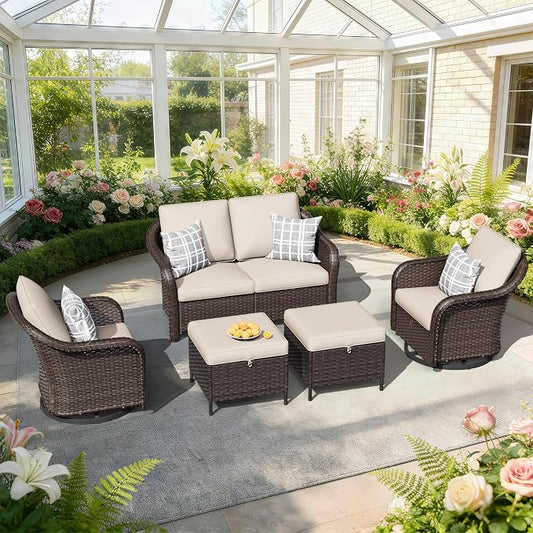 5 PCS Outdoor Conversation Set | 55" Couch, 2 Swivel Chairs, 2 Ottomans, Patio Wicker Conversation Furniture with Removable Cushions for Bistro, Deck, Sunroom (Beige)