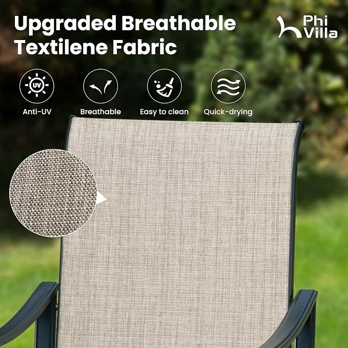 PHI VILLA Round Patio Table & Chairs Set, Outdoor Dining Furniture for 4 | Textilene chairs, Weather-resistant metal frame, Breathable & quick-drying, Umbrella hole, Patio deck backyard, 5 piece