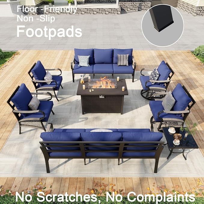 8 Pieces Patio Furniture Set, Metal Outdoor Conversation Sets with Fire Pit Table and Swivel Chairs for Backyard Garden Deck Porch Poolside (Thick Blue Cushions)