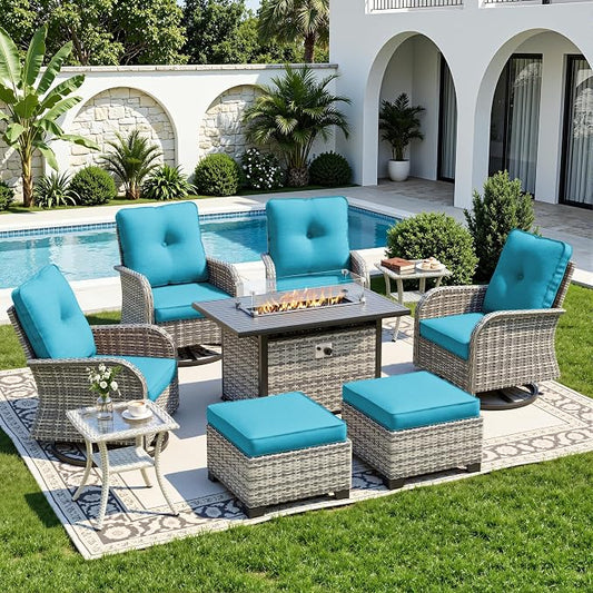 9-Piece Small Patio Furniture Set, Outdoor Swivel Rocking Chairs Set with 55,000 BTU Fire Pit Table Wicker Chairs and Ottomans, Patio Bistro Set for Balcony, Deck, Porch, Lake Blue