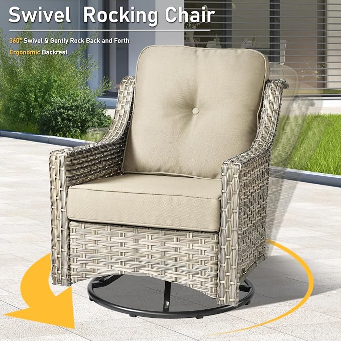 HOOOWOOO 9 Piece Patio Furniture Conversation Sets with Swivel Rocking Chairs,Outdoor Wicker Furniture with Ottoman,All Weather Resistant High Back Rattan Conversational Set(Beige Tan)