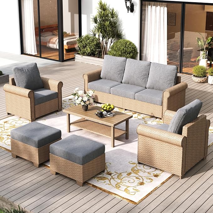 Patio Furniture Set 6 pcs, Wicker Rattan Outdoor Furniture with 5.5” Thick Cushions, 3-Seat Sofa, 2 Chairs, 2 Ottomans and Coffee Table, Outdoor Conversation Set for Garden Backyard Deck, 7 Seats Grey