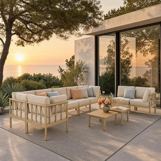 SUNSHINE VALLEY Patio Furniture,Acacia Wood Outdoor Sectional Sofa with 5.5" Ultra-Thick Cushions,L/U Shaped Modular Patio Conversation Set,Lawn Garden Backyard Couch Set with Nesting Tables,Beige