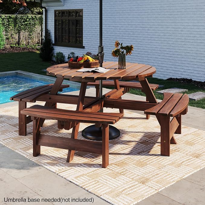 HAPPYGRILL 8-Person Wood Picnic Table Bench Set, Round Camping Table w/Umbrella Hole, Circular Outdoor Table w/4 Built-in Curved Benches, for Patio, Garden, Backyard, Porch (Brown)