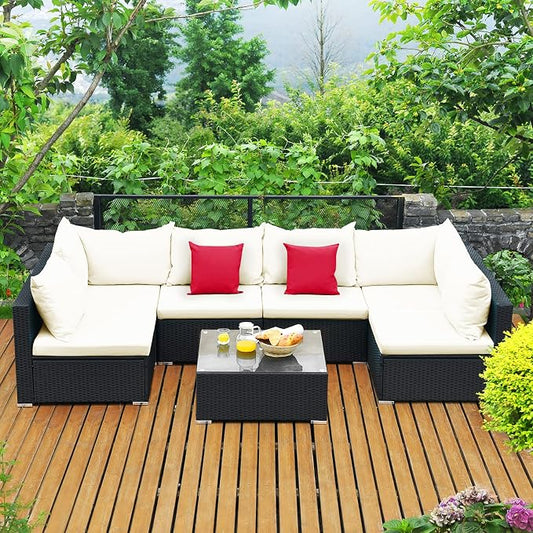 Tangkula 7-Piece Patio Furniture Set, Outdoor Sectional Sofa w/Pillows & Cushions, Wicker Conversation Set with Coffee Table & Tea Table for Garden & Lawn (Beige)