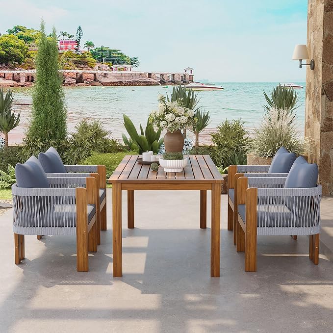 5-Piece Acacia Wood Outdoor Dining Set for 4 – Farmhouse Patio Furniture with Rope Woven Chairs & Cushions – Adjustable Legs for Uneven Surfaces (Brown,Gray16)