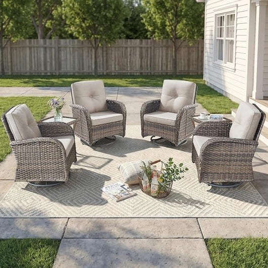 Outdoor Swivel Glider Rocker Chairs Set of 4 - Wicker Patio Furniture Set All Weather Patio Conversatio Sets with 2 Tempered Glass Side Table for Deck Backyard - Brown Wicker Beige Cushion