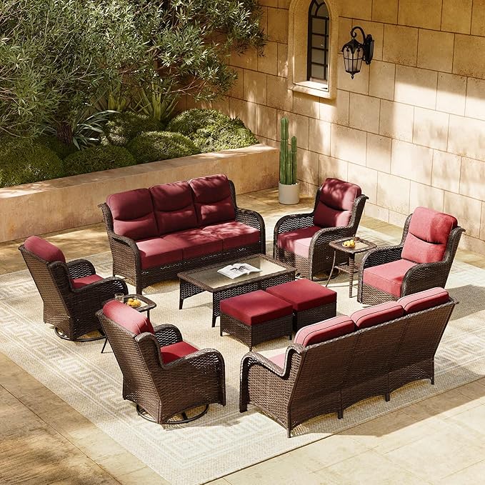HILLGA 11-Piece Luxury Patio Furniture Set with 6" Thick Cushions, Weather-Resistant Wicker High Back Swivel Rocker Chairs, Senior-Friendly Outdoor Sofa Set for Large Deck and Poolside, Burgundy(V2)