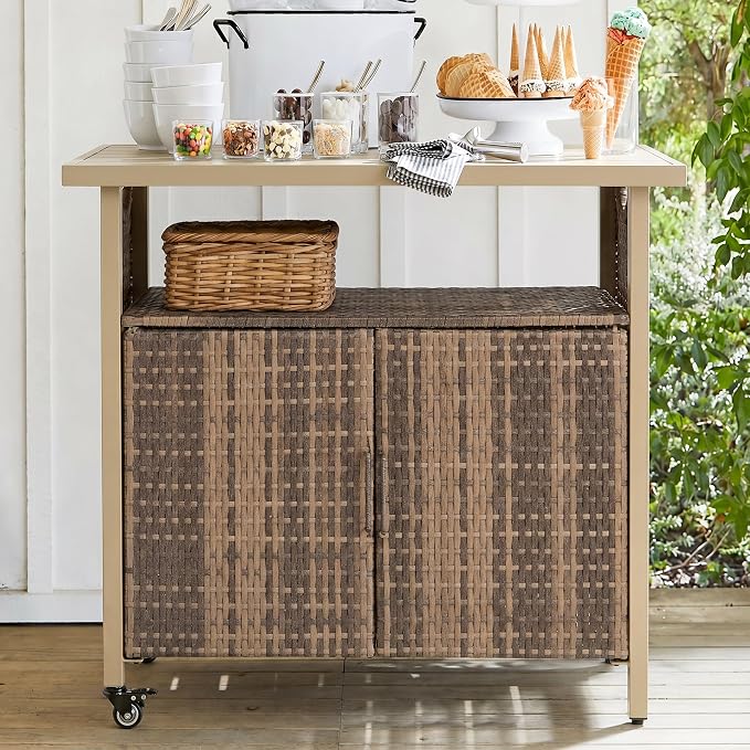Outdoor Bar Table with Storage Cabinet, Patio Serving Cart with Wheels, Wicker Bar Cart and Grill Cart Prep Station, Rolling Kitchen Island for Patio, Backyard, Poolside, Outdoor Use, Beige