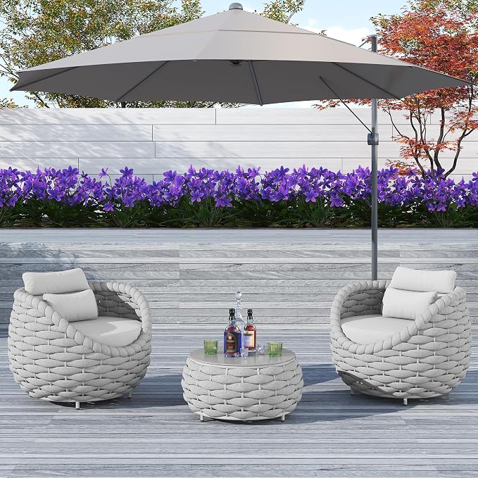 TWT 3 Pieces Aluminum Patio Furniture Set, Hand Woven Textilene Rope Outdoor Sofa Set w/Washable Cushion and Rock Slab Tabletop, Conversation Furniture for Livingroom Poolside Balcony (Grey)