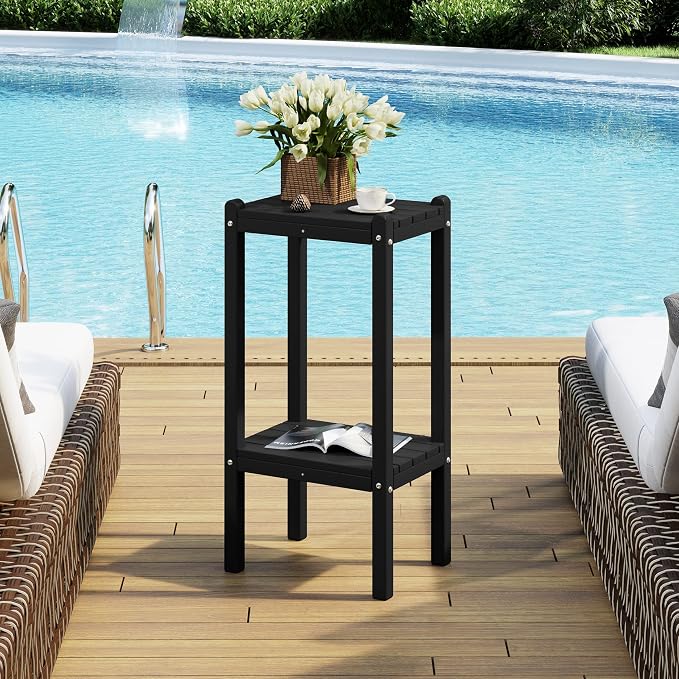 Costaelm Outdoor Side Table, 2-Tier Small Patio Coffee Tables for Outside, Outdoor End Tables for Patio, Adirondack Side Table for Outside, Outside Table for Pool, Porch, Garden, Black