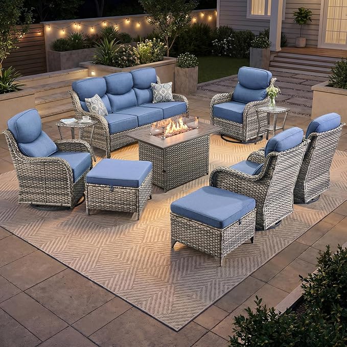 Luxury Patio Furniture Set 10pcs with 6-inch Cushion, Outdoor Furniture with Fire Pit Table, Swivel Chairs, Sofa, Side Table, Ottomans, Patio Set for Deck Yard Grey Wicker | Blue Cushions