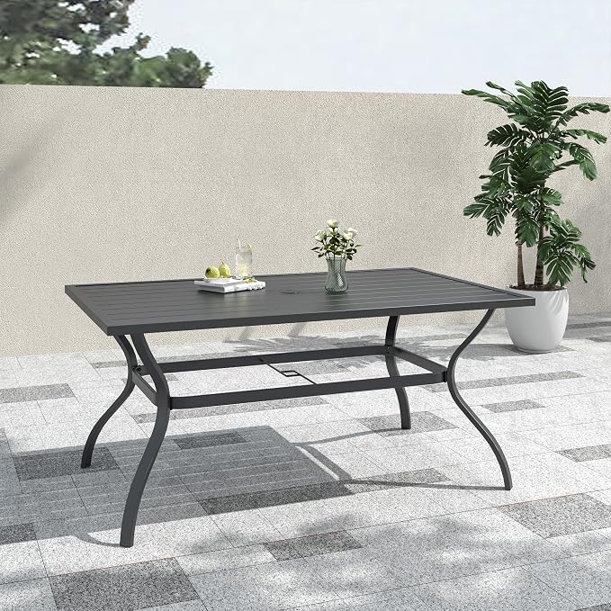 60"x38" Rectangle Outdoor Patio Dining Table Weather-Resistant for 6 Person | Black Metal Frame and Top, Weather-Resistant, Rust Free, 6 Person Use, Metal Slat Table Top, 1.57 inch Umbrella Hole