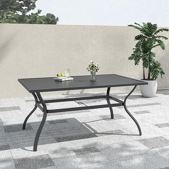 Anmutig Dark Grey Outdoor Patio Dining Set of 7 with 60"x38" Rectangle Table and 6 Stacking Chairs for 6 Person