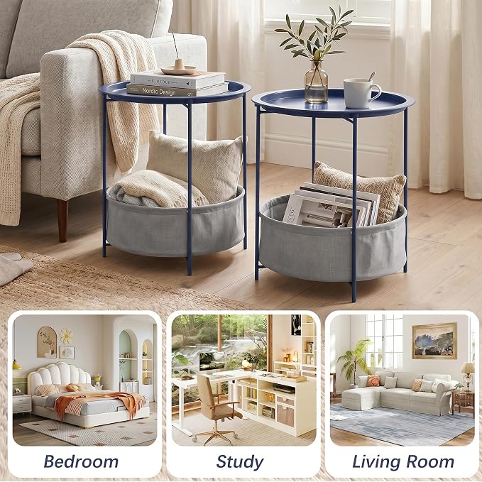 VECELO Round Side/End Table with Fabric Storage Basket，Metal Anti-Rust and Waterproof Small Bedside Nightstand with Removable Tray Top for Living Room，Balcony & Laundry，Blue /1pcs with Basket
