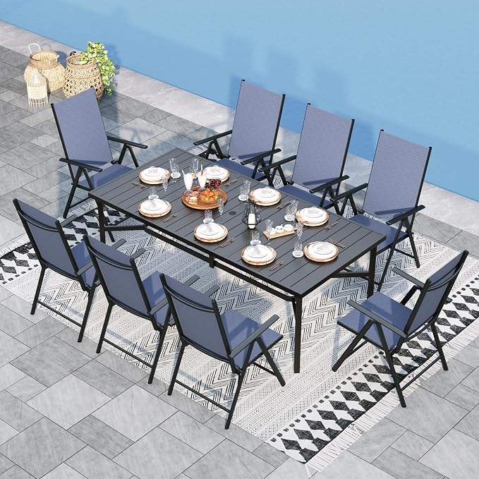 Sophia & William Patio Dining Set for 8 with Folding Chairs, Navy Blue | Light-weight & space-saving, Quick-drying, Rectangular, Umbrella Hole, Weather-Resistant, Adjustable, Outdoor deck