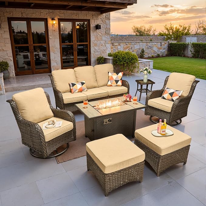 ovios 7-Piece Patio Furniture Set with Swivel Chairs Side Table, Outdoor Wicker Sofa with 42" Fire Pit Table, High Back Couch Modern Conversation Sets, Brown/Beige