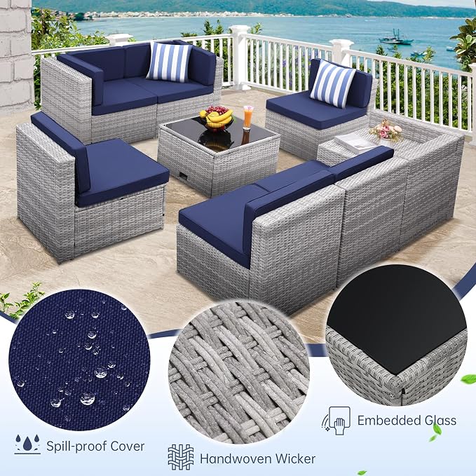 KROFEM 8 Piece Patio Furniture Set, Outdoor Modular Conversation Set, Blue | UV Treated Wickers, Machine Washable Cushions, Seats 6, 2 Hidden Storage Compartments, Rustproof Frame, Waterproof