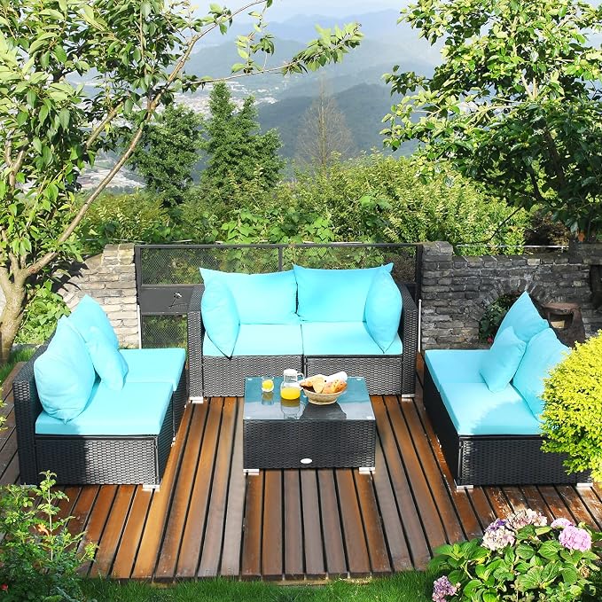 Tangkula 7 Piece Patio Furniture Set - Outdoor Sectional Sofa with Pillows and Cushions, Wicker Sofa Conversation Set with Coffee Table