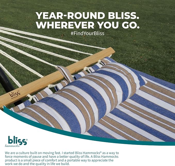 Bliss Hammocks BH-404H 48in Wide Caribbean Hammock w/Pillow, Poolside Patio Backyard Hammock, Includes Straps & Chains, Eco Friendly Polyester & Cotton Blend, 265 Pound Capacity, Nautical Stripe
