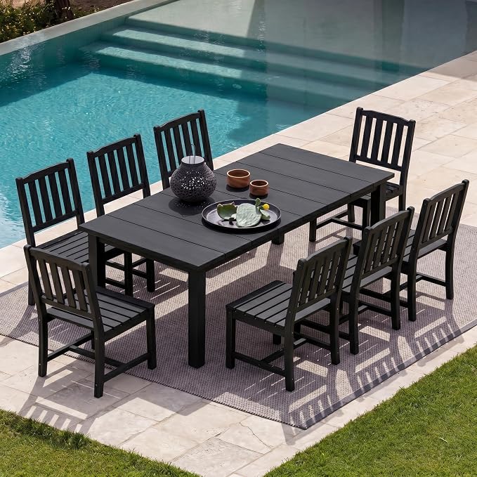 9-Piece HDPE Patio Dining Set for 8, 75.2" Table,Black | HDPE material, umbrella hole design, weather-resistant patio furniture, perfect for yard, lawn, garden, balcony, deck
