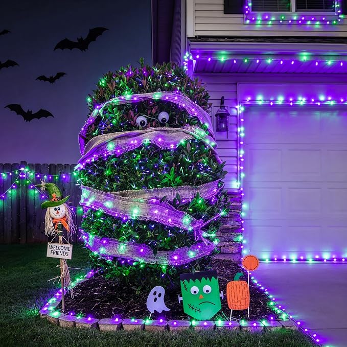 JMEXSUSS 600 LED Purple Green String Lights Plug in Indoor Outdoor | Lights for Halloween Decor, Clear Wire, Remote Control, 168 FT, for Fall Halloween Tree Fireplace Party Patio Gaeden