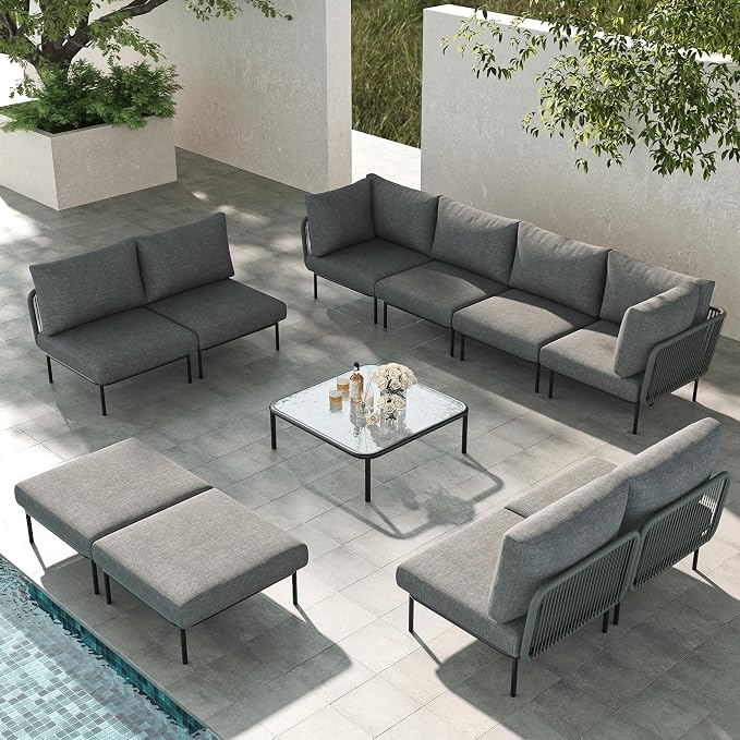 LayinSun 11 Pieces Aluminum Patio Furniture Set, Modern Modular Sectional Sofa with Coffee Table and Upgrade Thickness Cushion