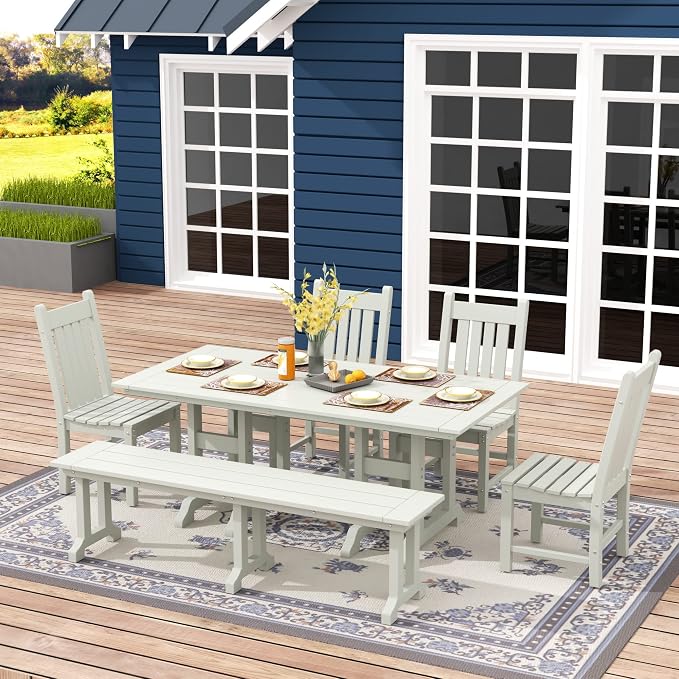 WO Home Furniture Adirondack Patio Dining Chair Table Bench Set of 6 PCS Rectangle Dinner Table Dining Armless Chairs (Sand)